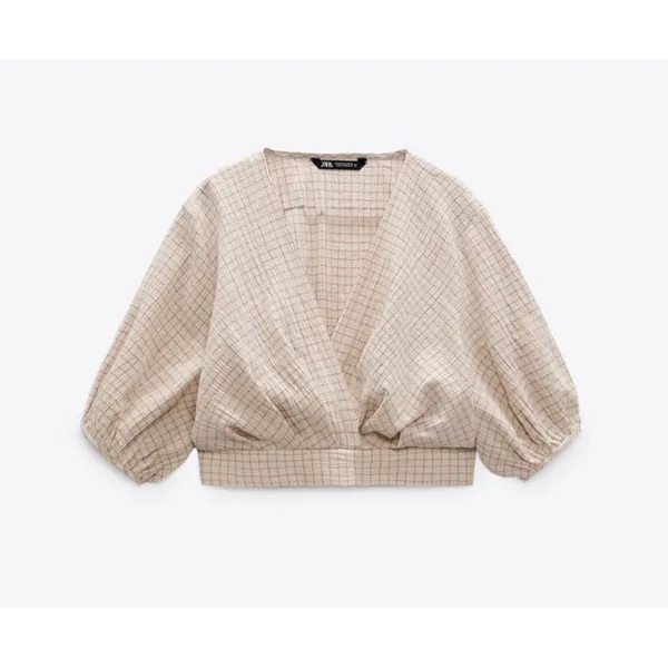 Zara 90s Minimal Plaid Wrap Crop Top Puff Sleeve Blouse S - Image 2