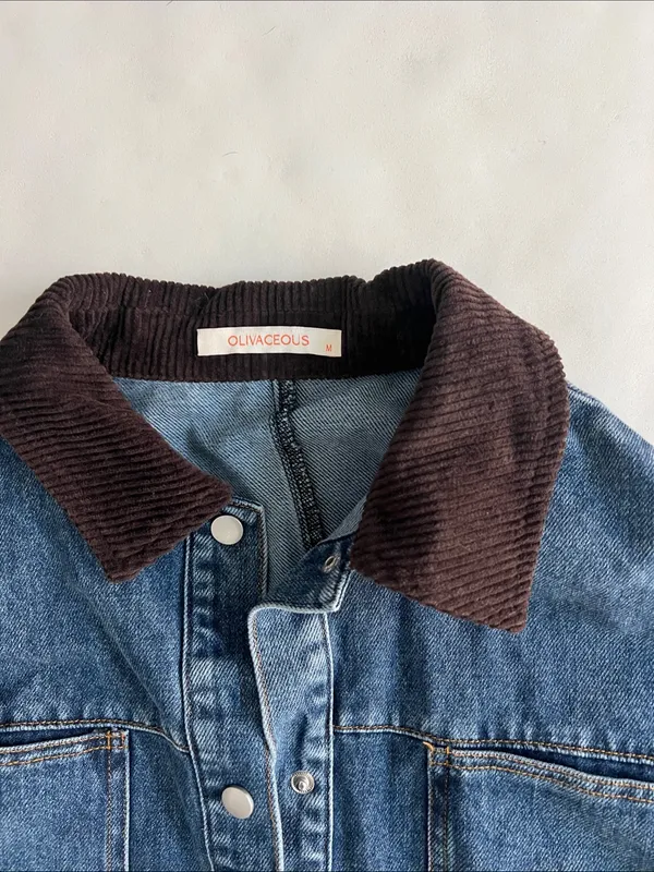 OLIVACEOUS Blue Denim Oversized Lightweight Barn Jacket Brown Corduroy Collar M - Image 3