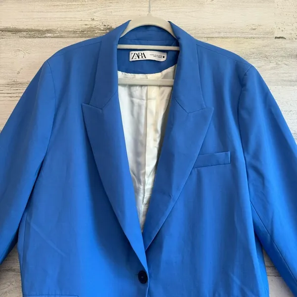 Zara Women's XXL Classic Single Breasted‎ Longline Oversized Blazer Jacker Blue - Image 3
