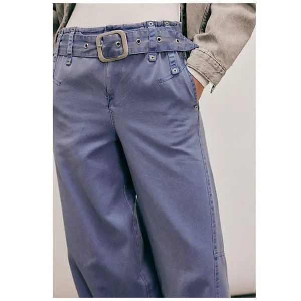 FREE PEOPLE Sloane Belted Blue Wide Leg Pants Size Small - Image 3