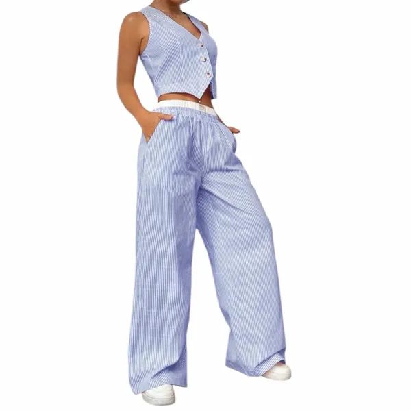 Sz L Private Label Blue Striped Vest and Pants Set New - Image 3
