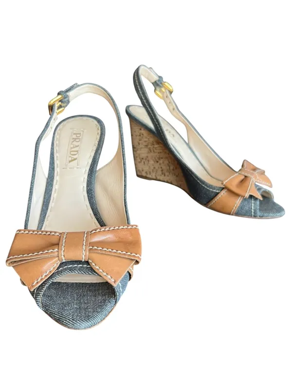 Prada Women’s Peep Toe Denim Cork Leather Bow Wedge Y2K Vintage Heels 38.5 - Image 9