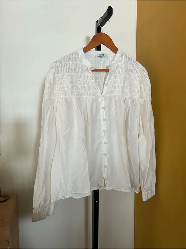 Madewell Smocked Top in Cotton Silk Blend Button Front Shirt Cream Blouse‎ Large - Image 3