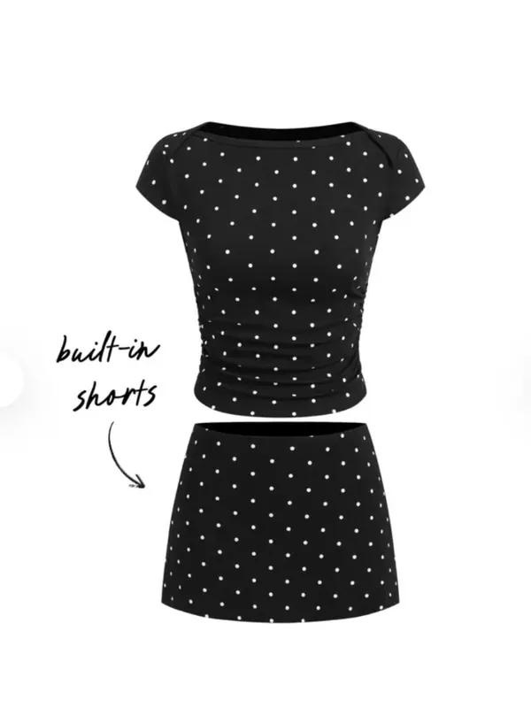Cider Polka Dot Boat Neck Ruched Tee & Mini Skort Set NEW NWT Size small - Image 2