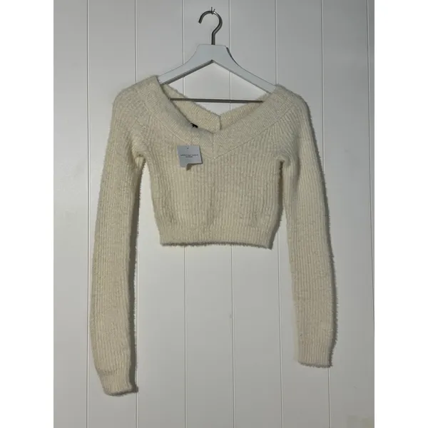 American Eagle Outfitters NWT XS Ribbed Cropped Off Shoulder Sweater Cream - Image 3