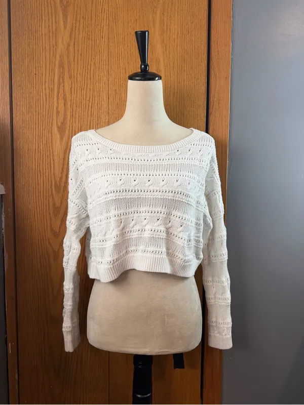Hollister White Cropped Pointelle Open Knit Sweater Top Size Small - Image 4