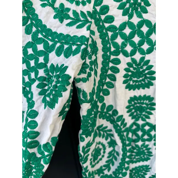 Sunday Up Green White Floral Embroidered Ruffle Neck Blouse Pearl Button Medium - Image 6