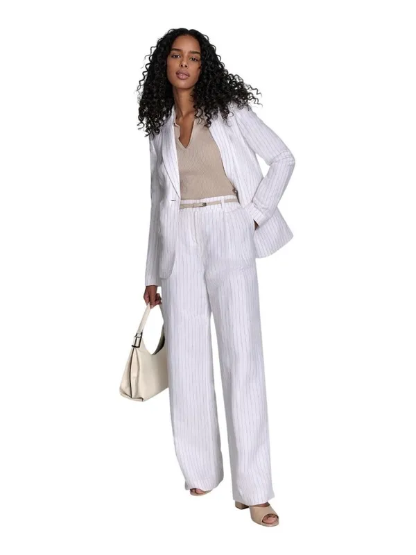 NEW Calvin Klein Pinstriped Pleated Linen Blend Lined Pants White / Khaki 16 - Image 13