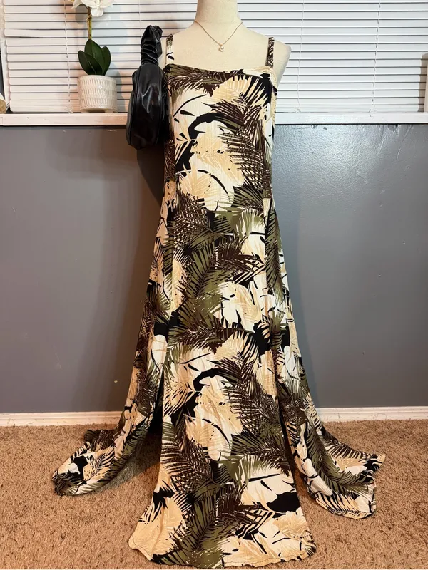 Serendipity Maui Tropical Maxi Dress Size L Rayon Palm Print Resort Boho - Image 3