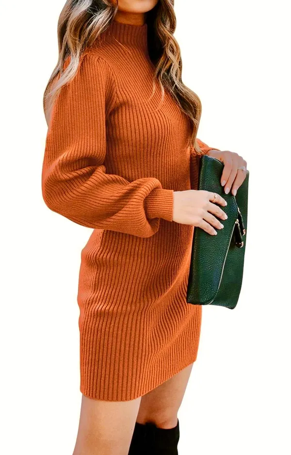 Burnt Orange Ribbed Knit Long Sleeve Sweater Dress - Image 2