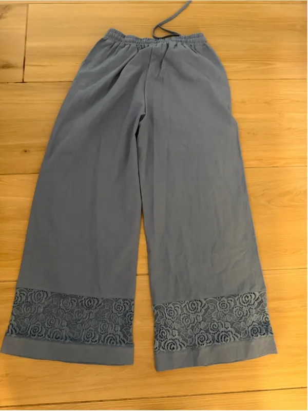 NEW Cotton Linen Blend Wide Leg Pants Lace Hem Elastic Waist 28/28 - Image 2