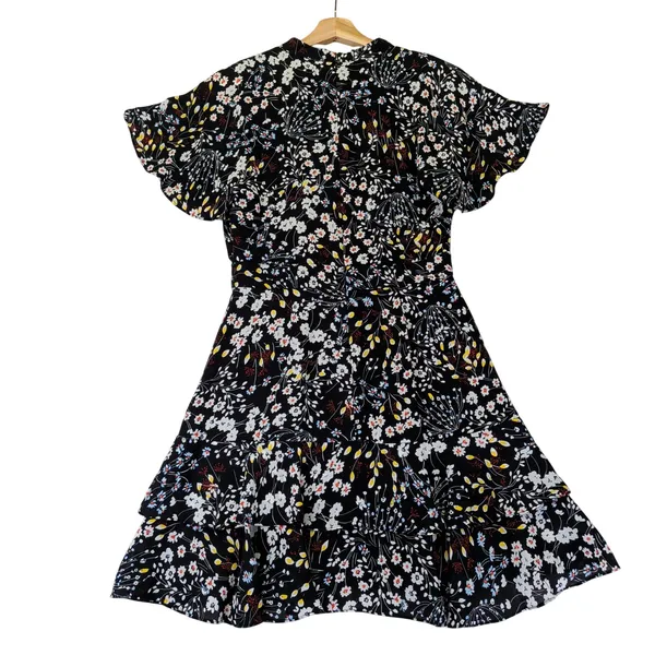 Parker Womens Floral V-Neck Flutter Sleeve Tiered Mini Dress‎ Black Small - Image 2