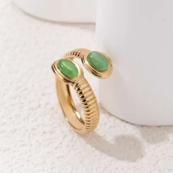 Stainless Steel Simple Opening Ring stone green gold NEW - Image 2