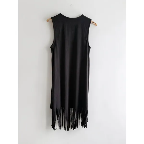 New York & Company Womens XS Black Fringe Hem Longline Open‎ Front Vest - Image 2