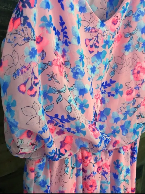 My Story Pink Floral Midi Dress with Blue Floral Print - Image 7