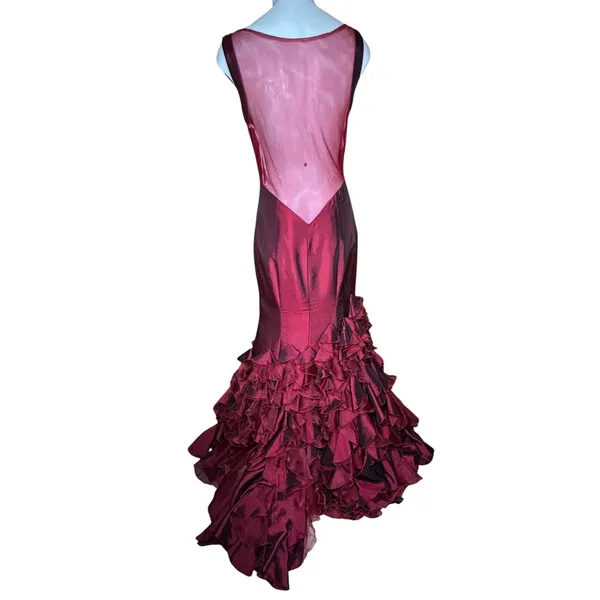 Tiffany Designs Burgundy Beaded Ruffle Mermaid Formal Gown Size 10 - Image 4