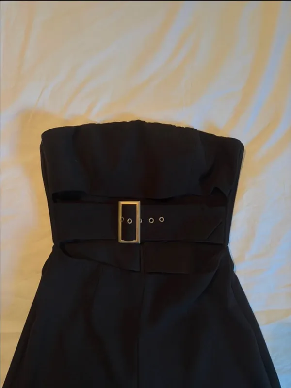 Strapless Black Wide-Leg Jumpsuit with Belted Cutout - Image 2