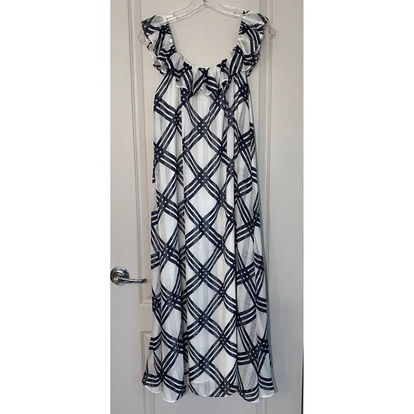 Ann Taylor Navy Blue White Plaid‎ Ruffle Neck Chiffon Midi Dress 6 561128 - Image 3