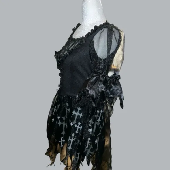 Gothic Black torn shredded look Dress with White Cross Pattern Size L - Image 7