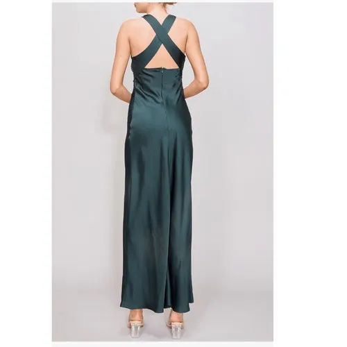 MELLODAY Ruched Cowl Neck Bias Cut Satin Maxi Dress, Large, Hunter Green, NWT - Image 4