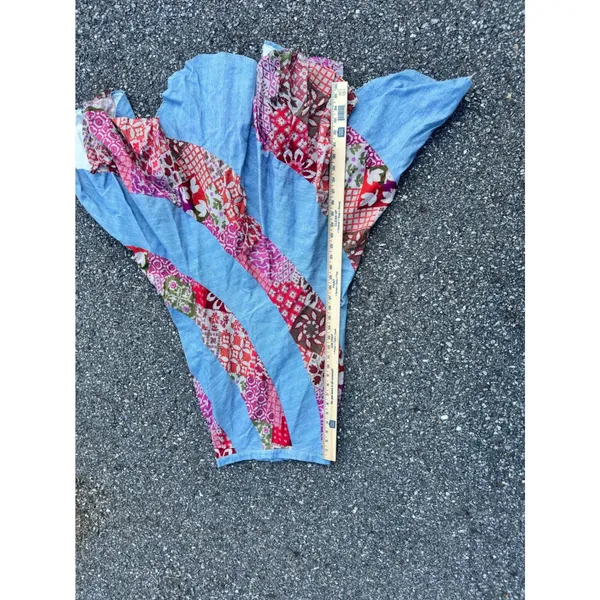 70s Vintage Spiral Patchwork Maxi Skirt Blue Denim Boho Floral Red Pink 23 Waist - Image 4
