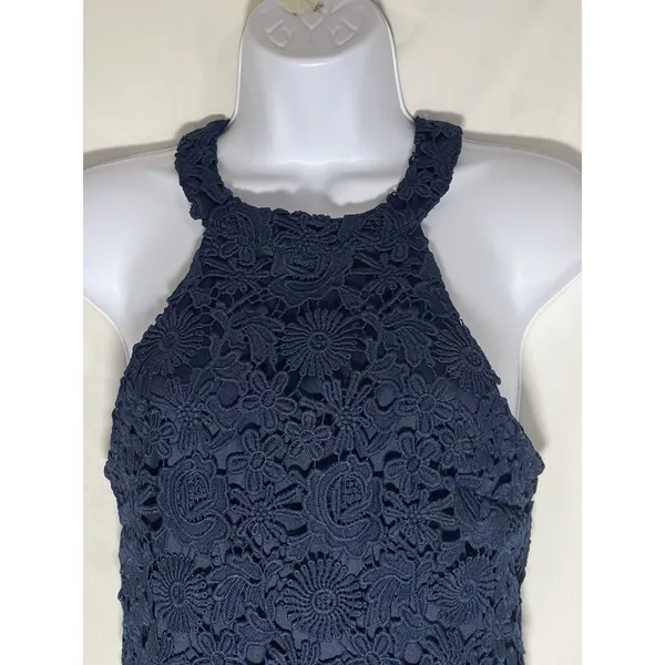 Lulus Navy Blue Floral Crochet Lace Halter Neck Bodycon Mini Dress Style 61976A - Image 2
