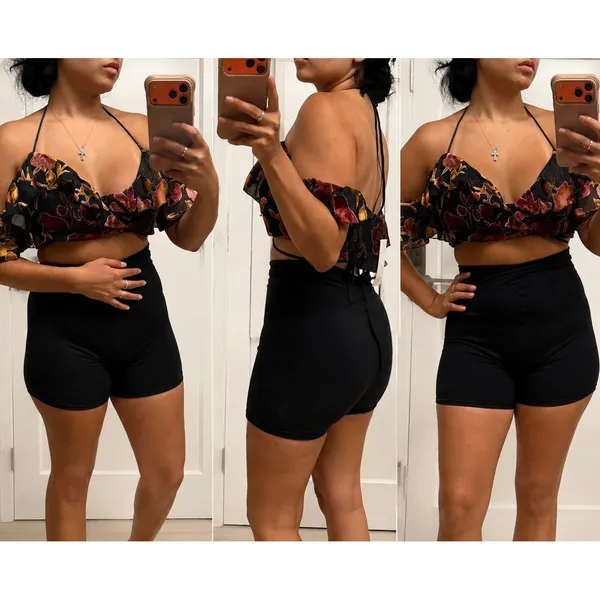 Tobi Floral Velvet Burnout Crop Top Halter Neck Ruffle Off Shoulder Black Medium - Image 3