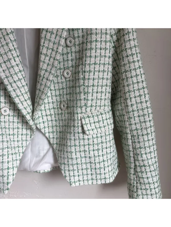 Rachel Zoe Womens Tweed Blazer Small Green White Double Breasted Jacket Plaid - Image 3