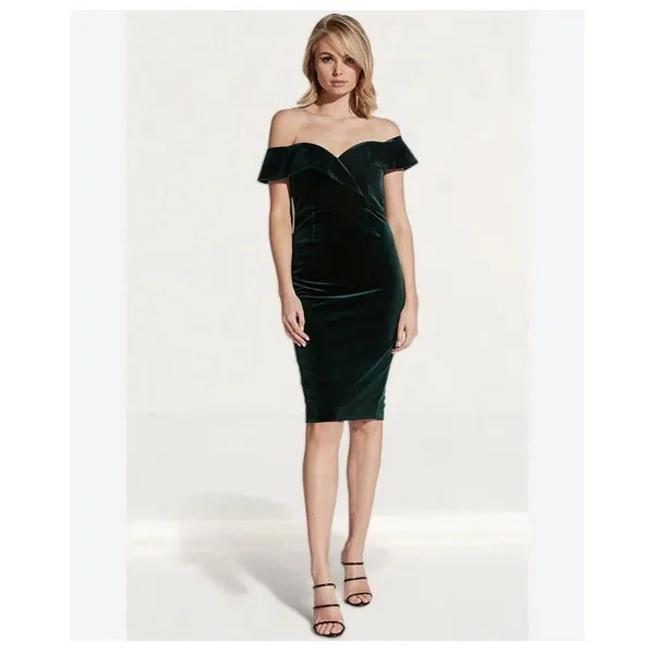 [Bardot] Emerald Green Velvet Off The Shoulder Bella Sheath Midi Dress Small 6 - Image 12