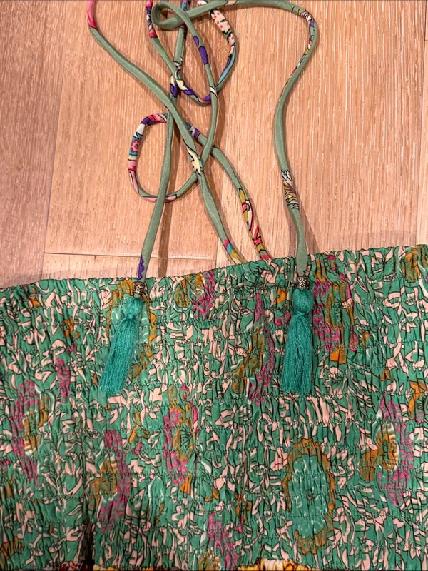 Karma Highway Green Floral‎ Patchwork Maxi Dress with Smocked Bodice tie neck OS - Image 4
