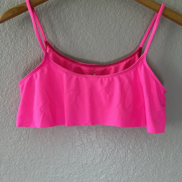 Free‎ People Womens Large Hot Pink Ruffle Spandex Nylon Bikini Top - Image 2