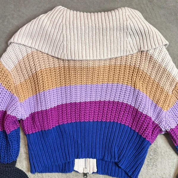 Women's Chunky Knit Colorblock Ribbed Knit Full Zip Sweater Size S Cropped Retro - Image 5