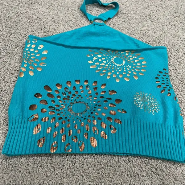 Y2K Halter Top Sz Medium Turquoise Metallic Printed Top - Image 11