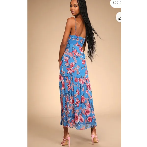 Lulus‎ Tropical Skies Blue Floral Maxi Dress Wedding Guest Side Slit Size L - Image 7
