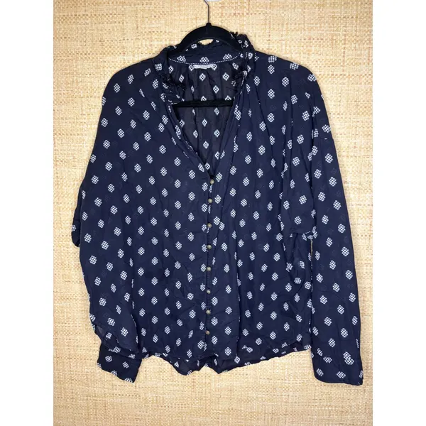 Pilcro and the Letterpress Navy White Diamond Print Ruffle Blouse Large - Image 2