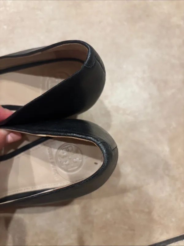 Tory Burch Black & Gold Sally Peep Toe Leather Wedges - Image 4