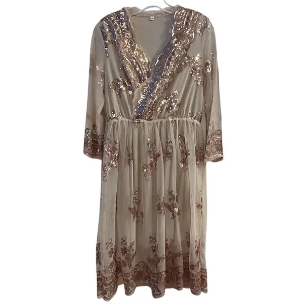 Rouge Women's M Beige Champagne V-Neck‎ Midi Dress with Rose Gold Sequins - Image 2