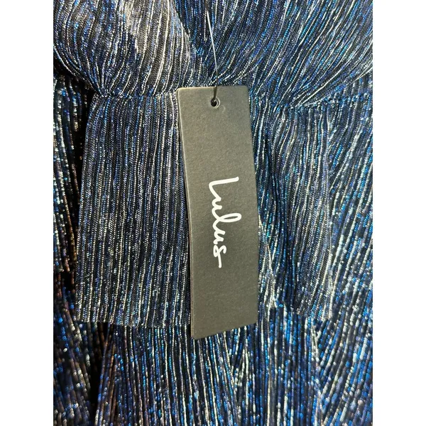 Lulus Tiered Mini Dress Womens Size Medium Blue Silver Metallic Pleated Cocktail - Image 10
