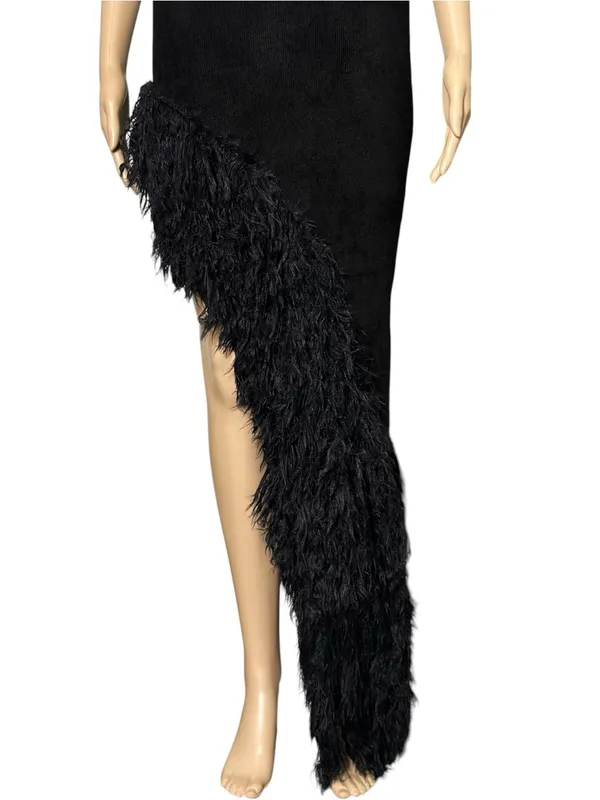 NBD Aubrey Asymmetrical Faux Fur Trim Strapless Dress, Black, XS - Image 7