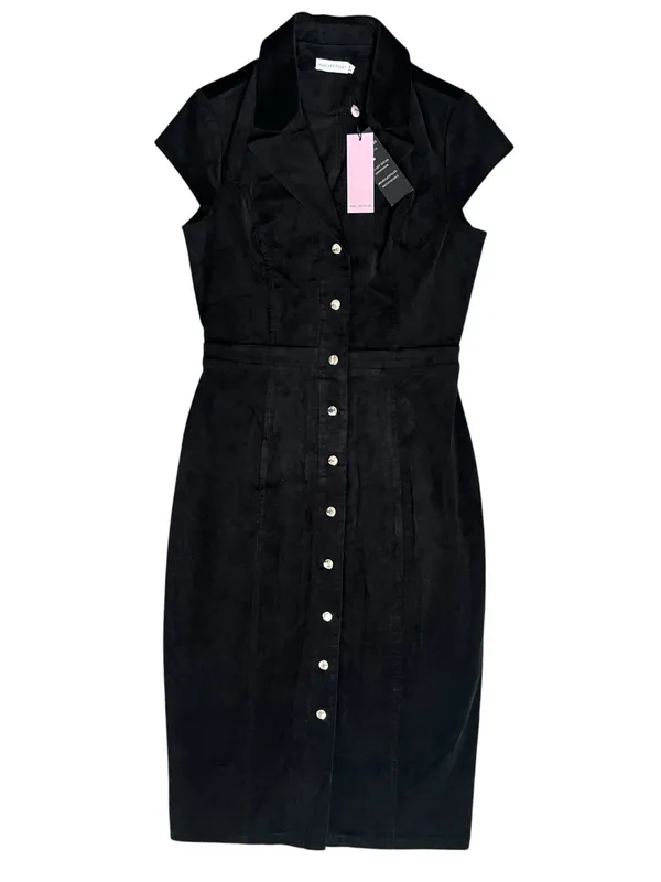 Avec Les Filles Women’s Black Corduroy Button Front Short Sleeve Midi Dress Sz 6 - Image 2