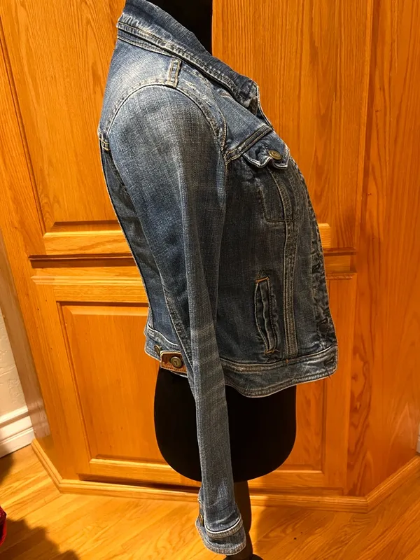 Anthropologie Pilcro‎ AVIE Classic Denim Trucker Jacket Leather Detail Size XS - Image 6