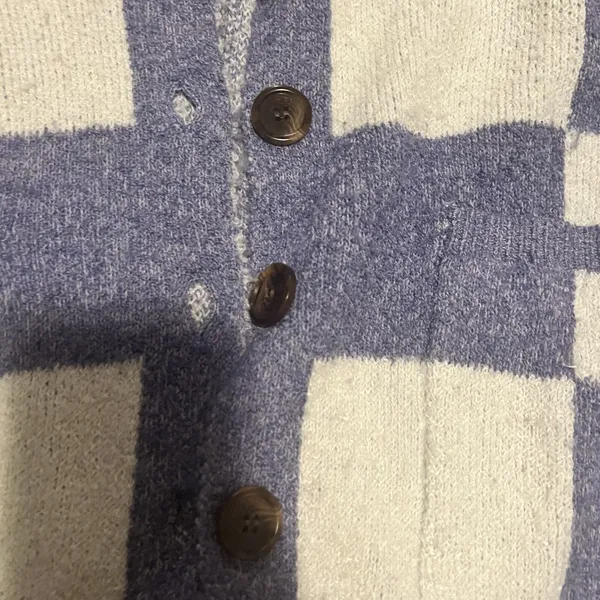 KORI Checkered Cardigan‎ Sweater Knit Button Up Cozy Blue White Small - Image 3