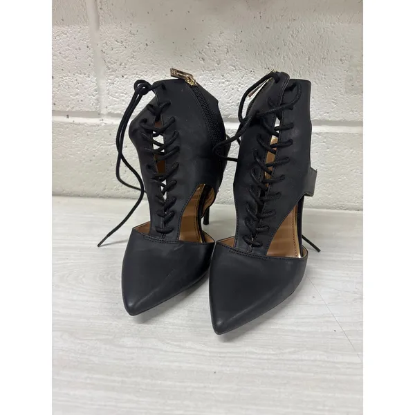 Jessica Simpson 6 Black Faux Leather Lace Up Cut Out Stiletto Heel Bootie Pumps - Image 2