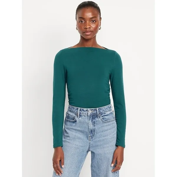 Old Navy NWT Womens Side Ruched Boat Neck Long Sleeve‎ Top Teal Green Medium - Image 2
