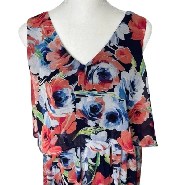 Blue Orange Floral Maxi Dress M V Neck Crisscross Back Summer Boho - Image 3
