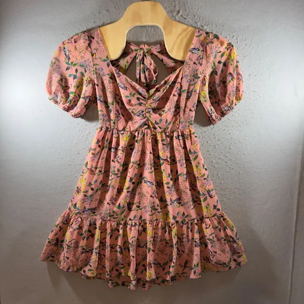 1709 | NWT Cottagecore Boho Floral Puff Sleeve Tie Back Mini Dress Pink Womens M - Image 3