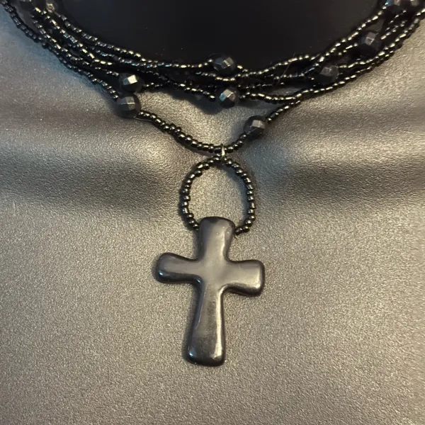 Black multi strand beaded cross pendant choker necklace - Image 3