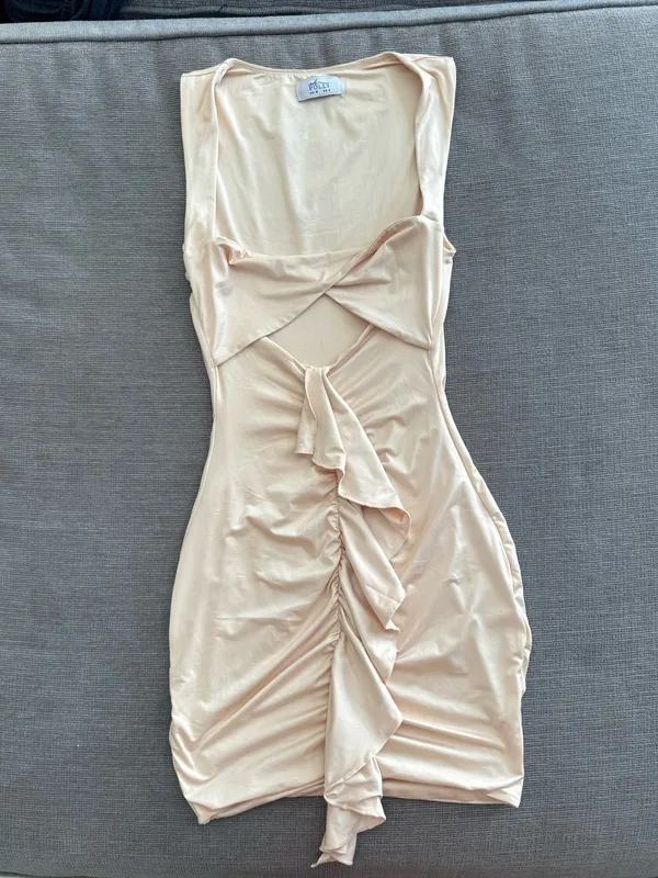 Oh Polly Beige Twist Front Ruffle Mini Dress - Image 4