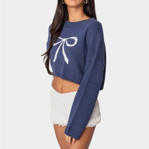 EDIKTED Knit Bow Cropped Sweater‎ Women's XS/S Navy Boho Dainty Coquette Girl - Image 2