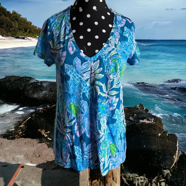 Lilly Pulitzer Womens Tee‎ Sz XS Macaw Blue Tall Me About It Etta Top Slub - Image 4